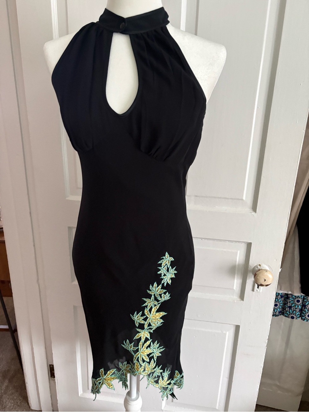 Catherine Malandrino Black Halter Midi Dress with Green Embroidery- VINTAGE.